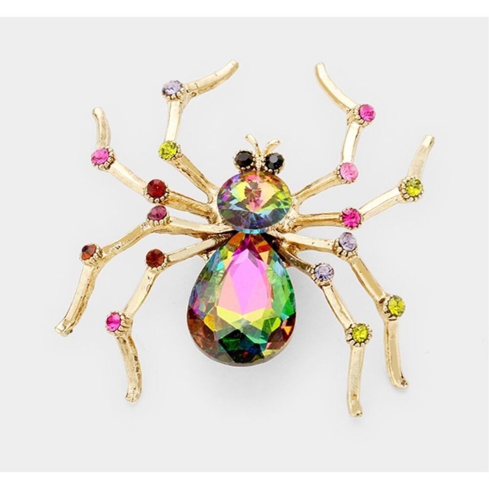 New Womens Boutique Multi-Colored Crystal Gold Halloween Spider Pin Brooch